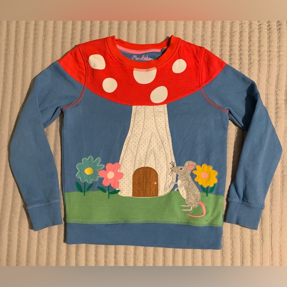 Adorable Mini Boden sweatshirt, 9-10Y, British brand, mouse, toadstool, flowers